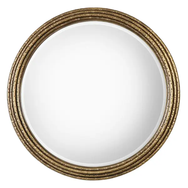 Hand Forged, Stacked Iron Rings Featuring A Hammered Surface, Finished In A Heavily Antiqued Gold. Mirror Has A Generous 1 1/4" Bevel. Collection: Spera Designer: Jim Parsons Finish: Antiqued Gold Width: 42.13" Height: 42.13" Length: 2.13" Weight: 32.70 lb Extension from Wall: 2.13" Material: Iron/Mdf/Mirror Country of Origin: China Safety Rating: Indoor Only