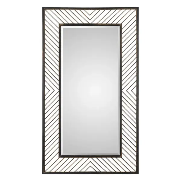 Twisted Iron Rods Form A Subtle Chevron Pattern, Hand Finished In A Lightly Distressed Rustic Bronze Accented With A Rust Glaze And Metallic Gold Undertones. Mirror Has A Generous 1 1/4" Bevel And May Be Hung Horizontal Or Vertical. Collection: Karel Designer: Grace Feyock Finish: Rustic Bronze Width: 44.00" Height: 76.00" Length: 3.00" Weight: 57.00 lb Extension from Wall: 3.00" Material: Metal, Glass, Mdf Country of Origin: China Safety Rating: Indoor Only