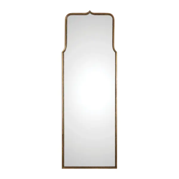 Gracefully Curved Iron Featuring A Rounded Outer Frame And A Twisted Interior, Finished In A Heavily Antiqued Gold Leaf. Collection: Adelasia Designer: Grace Feyock Finish: Antiqued Gold Leaf Width: 24.00" Height: 68.63" Length: 1.00" Weight: 37.00 lb Extension from Wall: 1.00" Material: Metal, Glass, Mdf Country of Origin: China Safety Rating: Indoor Only