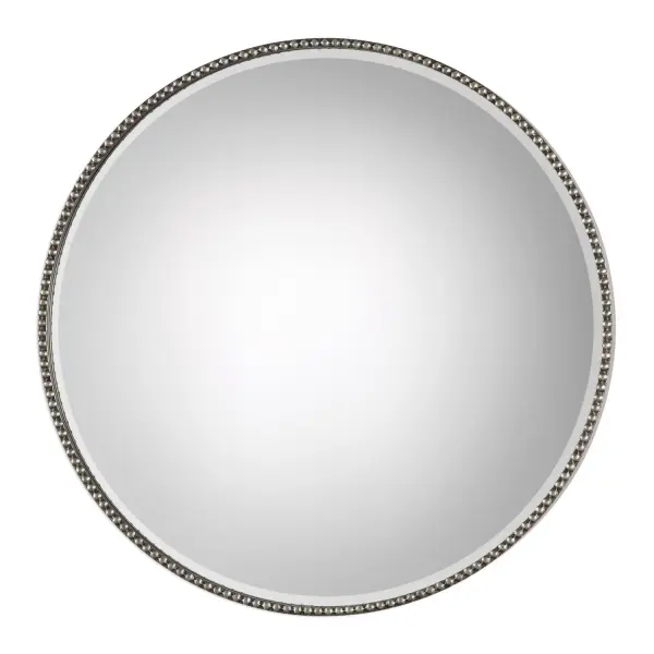 This Petite Iron Frame Features A Beaded Surface With A Deep Profile, Hand Finished In A Lightly Antiqued Silver Leaf. Mirror Has A Generous 1 1/4" Bevel. Collection: Stefania Designer: Grace Feyock Finish: Antiqued Silver Leaf Width: 40.00" Height: 40.00" Length: 3.25" Weight: 34.00 lb Extension from Wall: 3.25" Material: Mirror, Mdf, Iron Country of Origin: China Safety Rating: Indoor Only