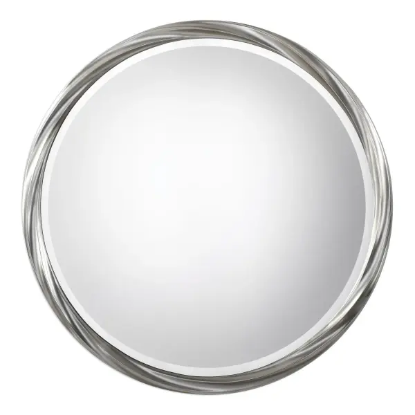 This Contemporary Design Features A Twisted Motif With A Hand Applied Metallic Silver Leaf Finish. Mirror Has A Generous 1 1/4" Bevel. Collection: Orion Designer: Jim Parsons Finish: Metallic Silver Leaf Width: 36.00" Height: 36.00" Length: 1.25" Weight: 18.70 lb Extension from Wall: 1.25" Material: Pu, Mirror, Mdf Country of Origin: China Safety Rating: Indoor Only