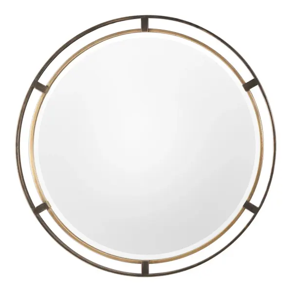 This Iron Frame Features A 3-dimensional Design With An Outer Overlapping Frame Finished In A Distressed Rustic Bronze, Accented With A Lightly Antiqued Gold Center. Mirror Features A Generous 1 1/4" Bevel. Collection: Carrizo Designer: Grace Feyock Finish: Rustic Bronze Width: 36.25" Height: 36.25" Length: 1.25" Weight: 23.00 lb Extension from Wall: 1.25" Material: Mdf, Glass, Iron Country of Origin: China Safety Rating: Indoor Only