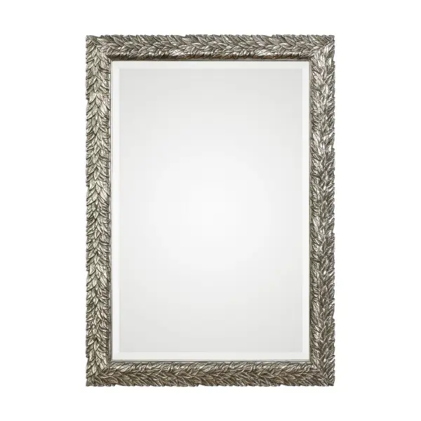 This Flowing Leaf Design Features A Delicate, 3-dimensional Texture, Finished In A Lightly Burnished Metallic Silver. Mirror Is Beveled And May Be Hung Horizontal Or Vertical. Collection: Evelina Designer: Grace Feyock Finish: Burnished Metallic Silver Width: 24.63" Height: 34.63" Length: 1.00" Weight: 17.00 lb Extension from Wall: 1.00" Material: Mdf, Glass, Paper Country of Origin: China Safety Rating: Indoor Only