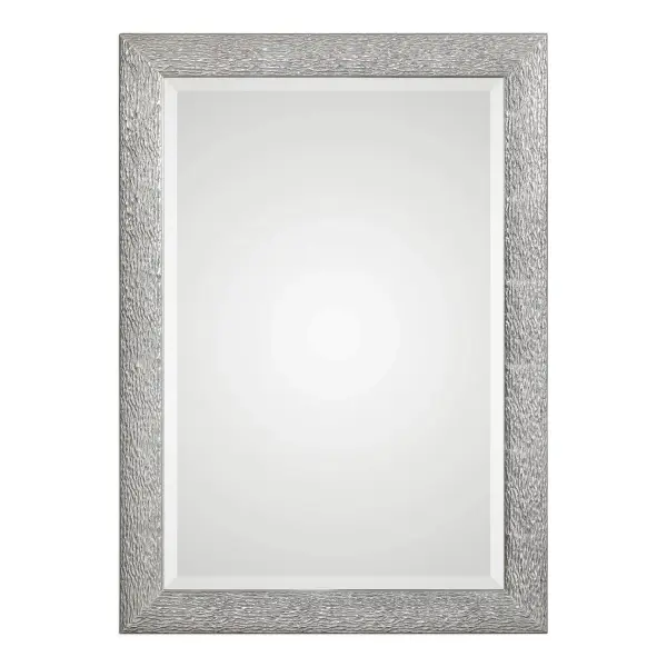 Solid Wood Frame Featuring An Embossed Wavy Texture, Finished In A Metallic Silver With A Light Gray Wash. Mirror Features A Generous 1 1/4" Bevel And May Be Hung Horizontal Or Vertical. Collection: Mossley Designer: Grace Feyock Finish: Metallic Silver Width: 29.50" Height: 41.50" Length: 1.00" Weight: 23.00 lb Extension from Wall: 1.00" Material: Mdf, Glass, Paper Country of Origin: China Safety Rating: Indoor Only