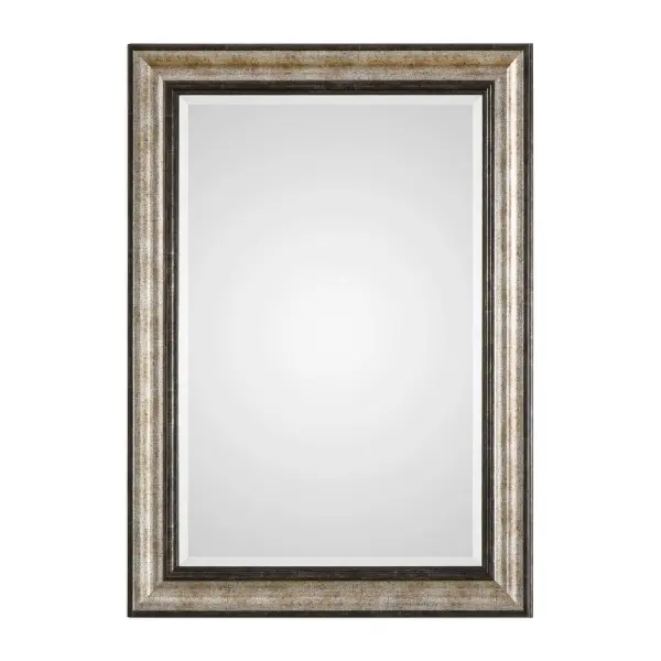 Sharply Sloped Design With A Nicely Curved Outer Edge, Finished In A Two-tone Antiqued Metallic Silver And Rustic Dark Bronze. Mirror Is Beveled And May Be Hung Horizontal Or Vertical. Collection: Shefford Finish: Antiqued Metallic Silver Width: 31.00" Height: 43.00" Length: 1.63" Weight: 19.00 lb Extension from Wall: 1.63" Material: Plastic, Mdf, Mirror Country of Origin: China Safety Rating: Indoor Only