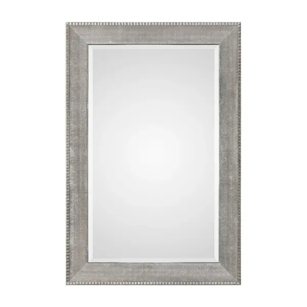Heavily Textured Sloped Profile Finished In A Metallic Silver, Accented With A Fluted Antiqued Silver Edge. Mirror Features A Generous 1 1/4" Bevel And May Be Hung Horizontal Or Vertical. Collection: Leiston Designer: David Frisch Finish: Metallic Silver Width: 39.13" Height: 59.13" Length: 1.14" Weight: 49.70 lb Extension from Wall: 1.14" Material: Mdf, Mirror , Corrugated & Kraft Paper Country of Origin: China Safety Rating: Indoor Only