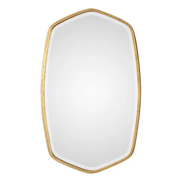 This Hand Forged Metal Mirror Frame Features A Unique Shape With Delicate Curves, Finished In A Lightly Antiqued Gold Leaf. Mirror Has A Generous 1 1/4" Bevel. Collection: Duronia Designer: David Frisch Finish: Antiqued Gold Leaf Width: 22.25" Height: 36.13" Length: 1.75" Weight: 17.60 lb Extension from Wall: 1.75" Material: Mdf, Metal, Mirror Country of Origin: China Safety Rating: Indoor Only