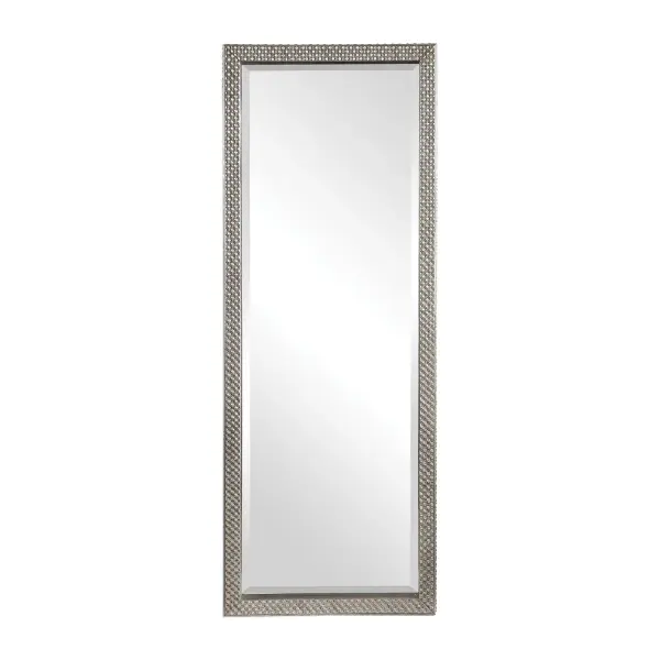 This Leaner Style Mirror Features A Solid Wood Frame Showcasing A Diamond Studded Texture On Front And Side, Finished In A Lightly Antiqued Metallic Silver. Mirror Features A Generous 1 1/4" Bevel And May Be Hung Horizontal Or Vertical. Collection: Cacelia Designer: Grace Feyock Finish: Antiqued Metallic Silver Width: 28.00" Height: 75.25" Length: 2.38" Weight: 54.00 lb Extension from Wall: 2.38" Material: Mdf, Glass, Paper Country of Origin: China Safety Rating: Indoor Only