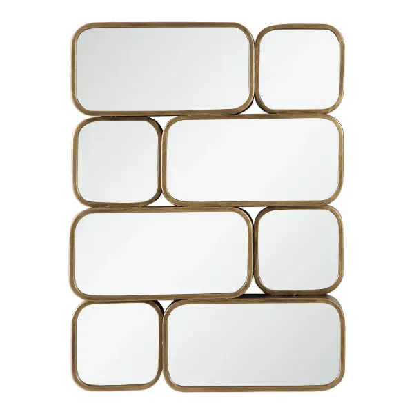 This Contemporary Design Features Welded, Off-setting Patterns With A Petite Profile And Ample Depth, Finished In An Antiqued Gold. May Be Hung Horizontal Or Vertical. Collection: Canute Designer: David Frisch Finish: Antiqued Gold Width: 23.75" Height: 32.00" Length: 4.00" Weight: 18.00 lb Extension from Wall: 4.00" Material: Mirror, Mdf, Iron Country of Origin: China Safety Rating: Indoor Only
