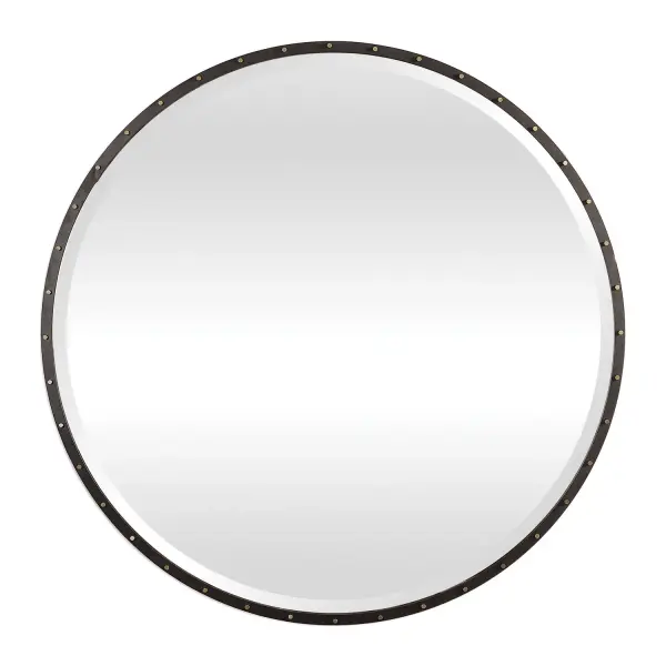 This Urban Industrial Design Features A Delicate But Large Iron Frame, Finished In A Rustic Black, Enhanced With Exposed, Antique Gold, Smooth Screw Caps. Mirror Has A 1 1/4" Bevel. Collection: Benedo Designer: Matthew Williams Finish: Rustic Black Width: 42.00" Height: 42.00" Length: 1.50" Weight: 39.70 lb Extension from Wall: 1.50" Material: Metal And Mirror Country of Origin: Vietnam Safety Rating: Indoor Only