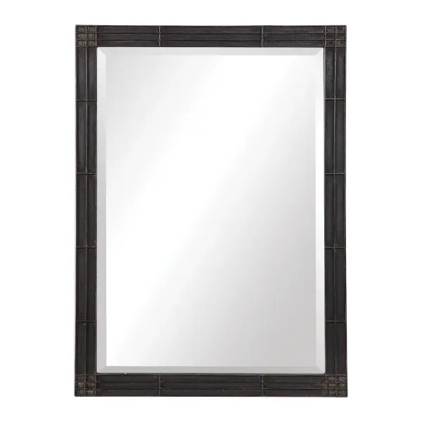 Crafted From Hand Forged Iron, This Rectangular Mirror Features Raised Geometric Detailing Finished In A Rustic Aged Black With Subtle Silver Highlights And A Gray Patina Wash. The Mirror Is Surrounded By A Generous 1 1/4" Bevel And May Be Hung Horizontal Or Vertical. Collection: Gower Designer: Jim Parsons Finish: Rustic Aged Black Width: 25.25" Height: 34.63" Length: 1.50" Weight: 22.30 lb Extension from Wall: 1.50" Material: Iron, Mdf, Mirror, Country of Origin: China Safety Rating: Indoor Only