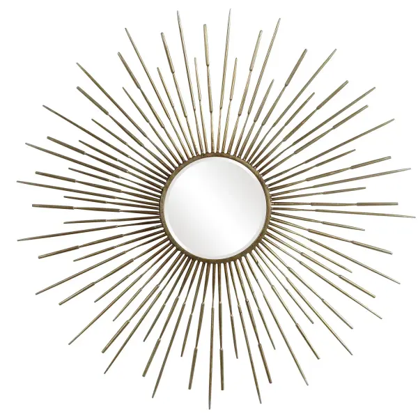 Inspired By Mid-century Designs, This Starburst Mirror Is Finished In An Antiqued Gold Leaf And Features A 1" Bevel. Collection: Golden Designer: Grace Feyock Finish: Antiqued Gold Leaf Width: 46.75" Height: 46.75" Length: 1.00" Weight: 27.00 lb Extension from Wall: 1.00" Material: Iron, Mirror, Mdf Country of Origin: China Safety Rating: Indoor Only