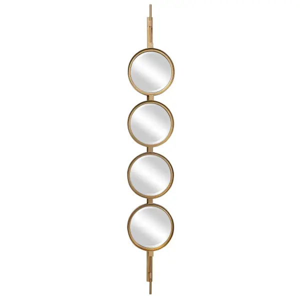 Contemporary In Style, This Mirror Features A Sleek Iron Base With Linear Metal Accents. The Piece Is Finished In Gold Leaf With Four Round Beveled Mirrors. Group Multiple Pieces Together And Hang Horizontal Or Vertical To Create A Truly Unique Wall Feature. Collection: Button Designer: Grace Feyock Finish: Gold Leaf Width: 9.88" Height: 59.88" Length: 3.13" Weight: 11.00 lb Extension from Wall: 3.13" Material: Iron, Mdf, Glass Country of Origin: China Safety Rating: Indoor Only
