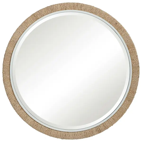 Influenced By Modern Coastal Style, This Round Mirror Has A Braided Banana Leaf And Matte White Frame Exuding A Light And Airy Feel. The Piece Is Accented By A Generous 1 1/4" Bevel. Collection: Carbet Designer: Grace Feyock Finish: Banana Leaf And Matte White Width: 39.75" Height: 39.75" Length: 2.00" Weight: 28.00 lb Extension from Wall: 2.00" Material: Iron, Mdf, Glass, Straw Country of Origin: China Safety Rating: Indoor Only