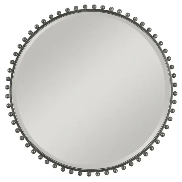 Petite Iron Spheres Line The Outer Edge Of This Round Frame, Finished In A Distressed Black With Silver Highlights And A Light Gray Glaze. Mirror Features A Generous 1 1/4" Bevel. Collection: Taza Finish: Black With Silver Highlights Width: 32.00" Height: 32.00" Length: 1.13" Weight: 24.00 lb Extension from Wall: 1.13" Material: Mdf, Mirror, Iron Country of Origin: China Safety Rating: Indoor Only