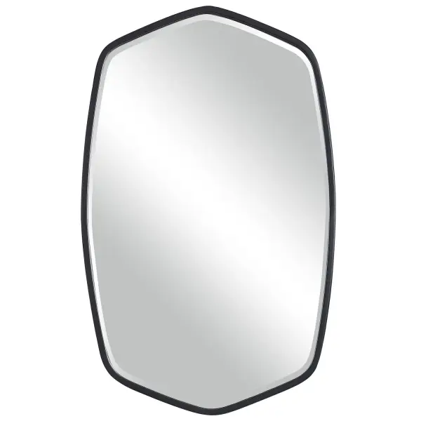 This Hand Forged Iron Mirror Frame Features A Unique Shape With Elegant Curves, Finished In A Streamlined Satin Black. Mirror Has A Generous 1 1/4" Bevel. Collection: Duronia Designer: David Frisch Finish: Satin Black Width: 22.25" Height: 36.13" Length: 1.75" Weight: 17.00 lb Extension from Wall: 1.75" Material: Mdf, Iron, Mirror Country of Origin: China Safety Rating: Indoor Only