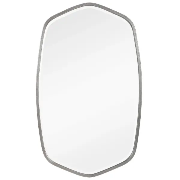 This Hand Forged Iron Mirror Frame Features A Unique Shape With Elegant Curves, Finished In A Versatile Silver Leaf. Mirror Has A Generous 1 1/4" Bevel. Collection: Duronia Designer: David Frisch Finish: Brushed Silver Width: 22.25" Height: 36.25" Length: 1.75" Weight: 17.00 lb Extension from Wall: 1.75" Material: Mdf, Iron, Mirror Country of Origin: China Safety Rating: Indoor Only