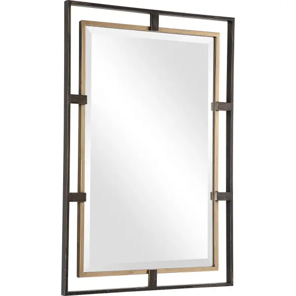 This Iron Frame Features A 3-dimensional Design With An Outer Overlapping Frame Finished In A Distressed Rustic Bronze, Accented With A Lightly Antiqued Gold Center. This Mirror Is Complemented By A 1" Bevel And May Be Hung Horizontal Or Vertical. Collection: Carrizo Designer: Grace Feyock Finish: Distressed Rustic Bronze Width: 22.00" Height: 32.00" Length: 1.25" Weight: 11.00 lb Extension from Wall: 1.25" Material: Iron, Mdf, Glass Country of Origin: Vietnam Safety Rating: Indoor Only