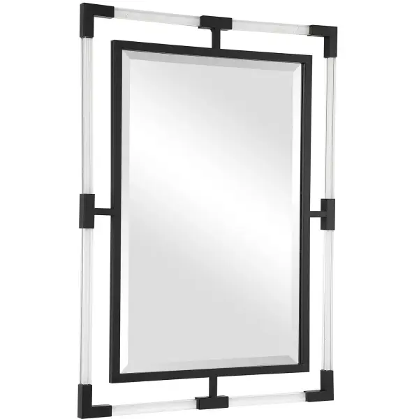 This Mirror Can Certainly Serve As A Focal Point For Any Room. Combining Forged Iron Finished In Matte Black, With Suspended, Clear Acrylic, Solid Bars Creating A Modern Feel. Mirror Has A Generous 1 1/4" Bevel And May Be Hung Horizontal Or Vertical. Collection: Balkan Designer: Grace Feyock Finish: Forged Iron Width: 27.50" Height: 37.50" Length: 1.13" Weight: 23.00 lb Extension from Wall: 1.13" Material: Iron, Mdf, Glass, Acrylic Country of Origin: China Safety Rating: Indoor Only
