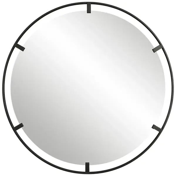 Refined Iron Frame Finished In A Sleek Satin Black, Embracing A Floating Polished Edged Mirror. Collection: Cashel Finish: Satin Black Width: 34.00" Height: 34.00" Length: 1.25" Weight: 23.00 lb Extension from Wall: 1.25" Material: Mdf, Iron, Mirror Country of Origin: China Safety Rating: Indoor Only