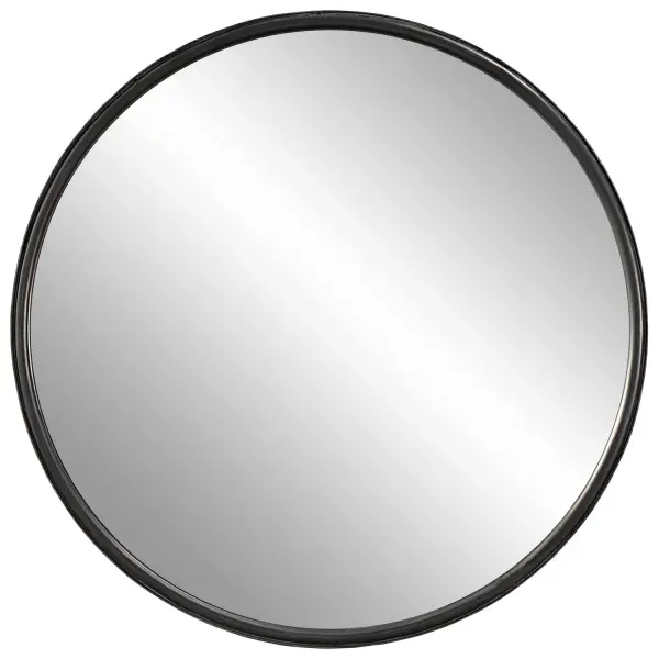 Smooth Rounded Frame Encased In A Thick Iron Band Finished In An Aged Black With Subtle Gray Highlights. Collection: Dawsyn Finish: Aged Black Width: 44.00" Height: 44.00" Length: 1.50" Weight: 36.00 lb Extension from Wall: 1.50" Material: Mdf, Iron, Mirror Country of Origin: China Safety Rating: Indoor Only
