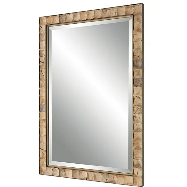 This Rectangular Mirror Showcases An Iron Strap Frame Finished In Dark Gold, Accented By Concaved, Polished Coconut Shells Inlays. Each Shell May Vary Slightly In Color, Adding To Its Authenticity And Character. The Mirror Features A Generous 1 1/4" Bevel And May Be Hung Horizontal Or Vertical. Collection: Cocos Designer: Grace Feyock Finish: Dark Gold Width: 27.63" Height: 39.50" Length: 1.13" Weight: 29.00 lb Extension from Wall: 1.13" Material: Iron, Glass Coconut Shell, Mdf Country of Origin: China Safety Rating: Indoor Only