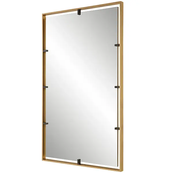 This Mirror Displays A 3-dimensional Design With An Outer Iron Frame Finished In Warm Gold, Surrounding A Floating Mirror Held By Aged Bronze Clips. May Be Hung Horizontal Or Vertical. Collection: Egon Designer: Grace Feyock Finish: Gold Width: 29.88" Height: 50.00" Length: 1.63" Weight: 38.00 lb Extension from Wall: 1.63" Material: Iron, Glass, Mdf Country of Origin: Vietnam Safety Rating: Indoor Only