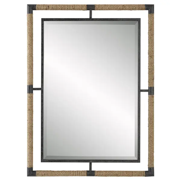 This Forged Iron Mirror Frame Is Finished In A Textured Rust Black That Is Wrapped In Natural Rope Bringing A Coastal Feel To Any Room. The Mirror Is Surrounded By A Generous 1 1/4" Bevel. May Be Hung Horizontal Or Vertical. Collection: Melville Finish: Textured Rust Black Width: 28.00" Height: 38.00" Length: 1.50" Weight: 21.00 lb Extension from Wall: 1.50" Material: Mirror, Iron, Jute, Mdf Country of Origin: Vietnam Safety Rating: Indoor Only