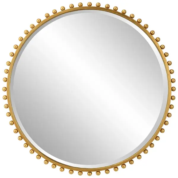 Petite Iron Spheres Line The Outer Edge Of This Round Frame, Finished In A Timeless Gold Leaf. Mirror Features A Generous 1 1/4" Bevel. Collection: Taza Finish: Gold Leaf Width: 32.00" Height: 32.00" Length: 1.13" Weight: 24.00 lb Extension from Wall: 1.13" Material: Mdf, Iron, Mirror Country of Origin: China Safety Rating: Indoor Only