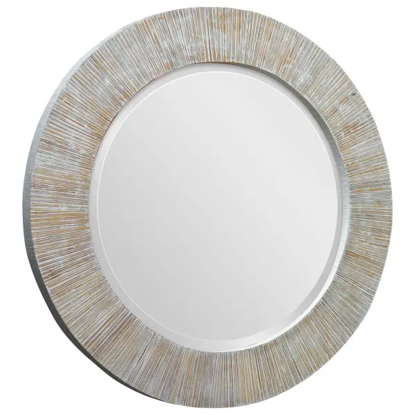 Relaxed Yet Refined, This Round Mirror Sports A Natural Bamboo Frame Accentuated By A Heavily Rubbed Whitewash Finish. The Mirror Features A Large 1 1/2" Bevel. Collection: Repose Designer: Osvaldo Mendoza Finish: Natural Bamboo Width: 36.00" Height: 36.00" Length: 1.30" Weight: 21.00 lb Extension from Wall: 1.30" Material: Bamboo, Plywood Country of Origin: Indonesia Safety Rating: Indoor Only