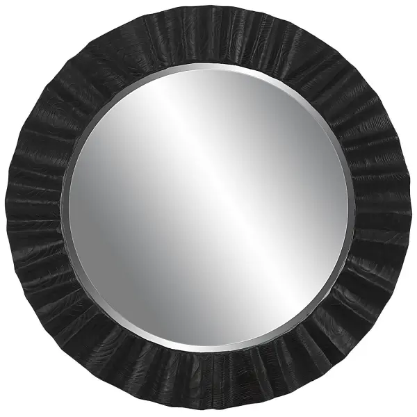 Taking Inspiration From Lodge Style, This Round Mirror Features A Fir Wood Frame With Natural Wood Grain Details In A Dark Espresso Finish And A Carved Asymmetrical Scalloped Design. Mirror Has A 1 1/4" Bevel. Collection: Caribou Designer: John Kowalski Finish: Dark Espresso Width: 41.38" Height: 41.38" Length: 1.63" Weight: 26.00 lb Extension from Wall: 1.63" Material: Firwood, Mdf, Mirror Country of Origin: China Safety Rating: Indoor Only