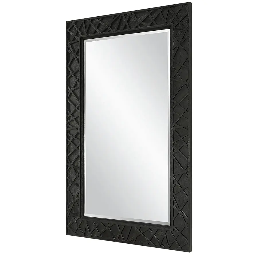 Everest Oversized Geometric Wood Mirror in Satin Black