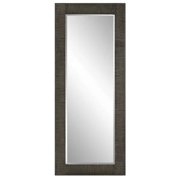 This Oversized Mirror Features A Solid Wood Frame With Hand Carved Channels Finished In A Rustic Wood Tone With An Aged Gray Wash. Mirror Has A Generous 1 1/4" Bevel And May Be Hung Horizontal Or Vertical. Collection: Figaro Designer: Grace Feyock Finish: Rustic Wood Width: 33.50" Height: 81.50" Length: 2.00" Weight: 64.00 lb Extension from Wall: 2.00" Material: Mirror, Mdf, Pine, Fir Country of Origin: China Safety Rating: Indoor Only