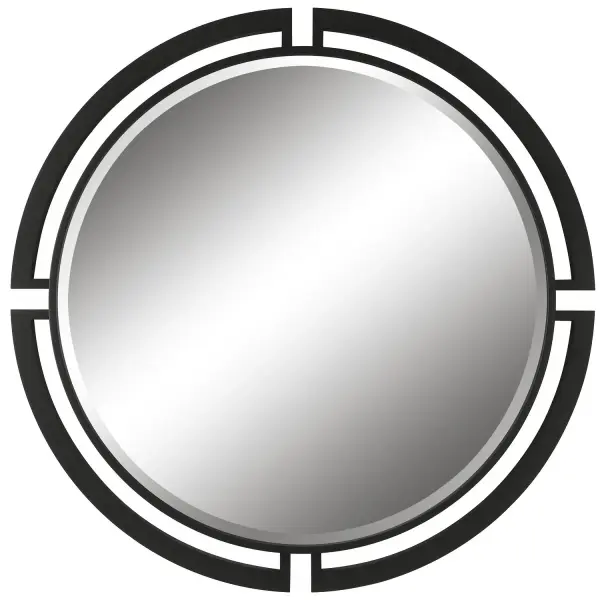 The Quadrant Round Mirror Showcases Contemporary Influence With A Thick 3-dimensional Iron Frame In A Sleek Satin Black Finish. Mirror Has A Generous 1 1/4" Bevel. Collection: Quadrant Designer: Grace Feyock Finish: Satin Black Width: 45.63" Height: 45.63" Length: 1.75" Weight: 38.00 lb Extension from Wall: 1.75" Material: Iron, Mdf, Mirror Country of Origin: China Safety Rating: Indoor Only