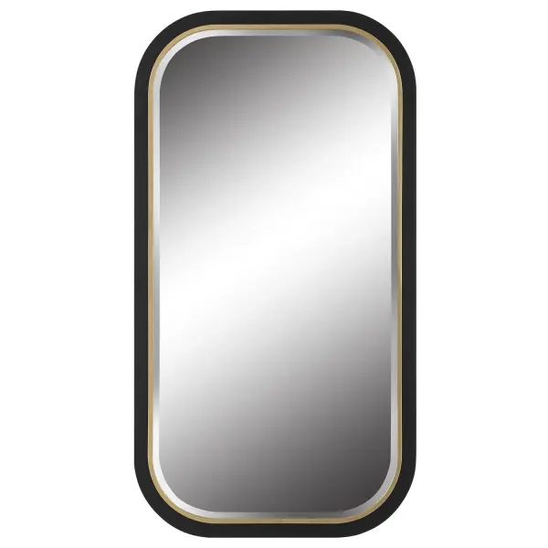 The Nevaeh Mirror Displays An Elegant Curved Profile With A Satin Black Finish, Accented With A Petite Gold Leaf Inner Edge. Mirror Features A Generous 1 1/4" Bevel. May Be Hung Horizontal Or Vertical. Collection: Nevaeh Designer: Grace Feyock Finish: Gold Leaf Width: 23.25" Height: 43.25" Length: 1.13" Weight: 20.00 lb Extension from Wall: 1.13" Material: Iron, Mdf, Mirror Country of Origin: China Safety Rating: Indoor Only