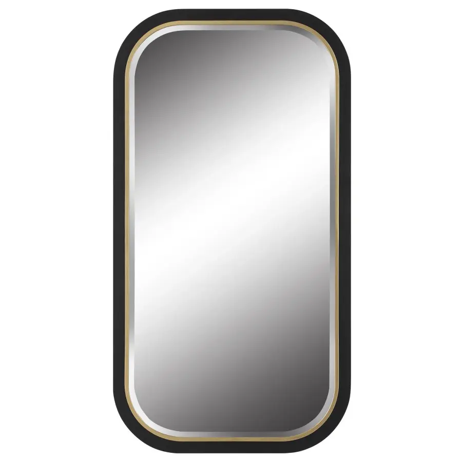 Nevaeh Curved Mirror in Satin Black with Gold Leaf Edge