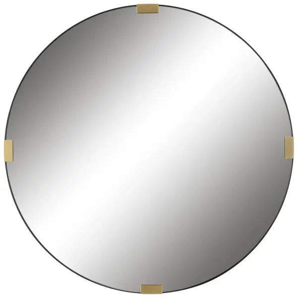 This Round Mirror's Sleek Design Makes It The Perfect Modern Accent. The Iron Band Frame Is Finished In Satin Black And Is Accented By Lightly Antiqued Gold Leaf Details. Collection: Clip Designer: Grace Feyock Finish: Satin Black Width: 42.25" Height: 42.25" Length: 1.63" Weight: 38.00 lb Extension from Wall: 1.63" Material: Iron, Mdf, Mirror Country of Origin: Vietnam Safety Rating: Indoor Only