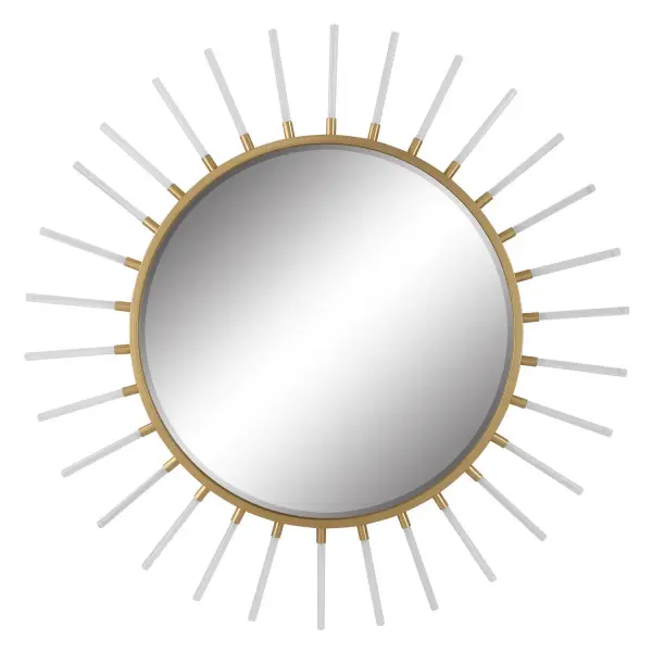 This Stunning Round Mirror Is Sure To Make A Statement In Any Space. The Frame Is Crafted From Forged Iron Finished In A Metallic Gold Leaf, Accented With Clear Acrylic Rods. Mirror Features A Generous 1 1/4" Bevel. Collection: Oracle Designer: Grace Feyock Finish: Gold Leaf Width: 55.25" Height: 55.25" Length: 1.50" Weight: 29.00 lb Extension from Wall: 1.50" Material: Mdf, Mirror, Iron, Acrylic Country of Origin: China Safety Rating: Indoor Only