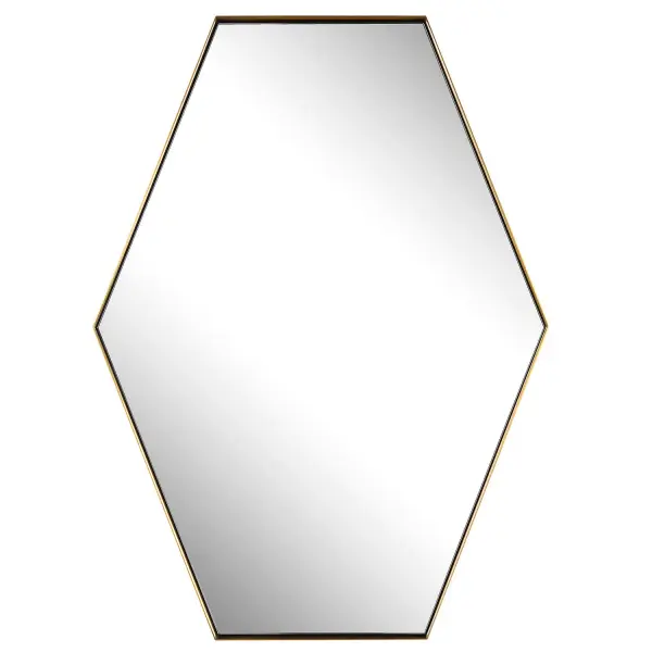 This Hexagon Mirror Features A Contemporary Style Using A Stainless Steel Frame Finished In A Plated Brushed Brass, Surrounding A Floating Style Polished Edge Mirror. May Be Hung Horizontal Or Vertical. Collection: Ankara Finish: Stainless Steel Width: 25.00" Height: 34.00" Length: 1.13" Weight: 19.00 lb Extension from Wall: 1.13" Material: Metal, Mdf, Glass Country of Origin: China Safety Rating: Indoor Only