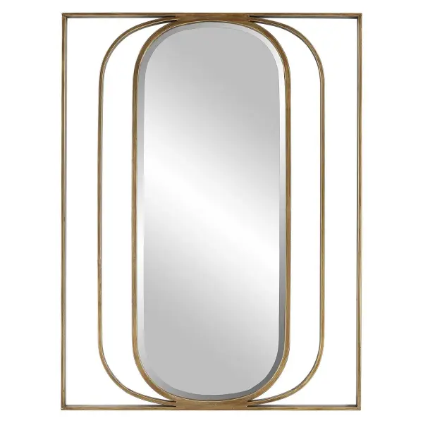 Contemporary Style Mirror Displays A Beveled Oval Interior With An Angular Metal Framework Finished In A Heavily Antiqued Gold. Hung Vertical Only. Collection: Replicate Designer: David Frisch Finish: Antiqued Gold Width: 30.00" Height: 40.00" Length: 1.25" Weight: 20.20 lb Extension from Wall: 1.25" Material: Mirror, Iron, Mdf Country of Origin: China Safety Rating: Indoor Only