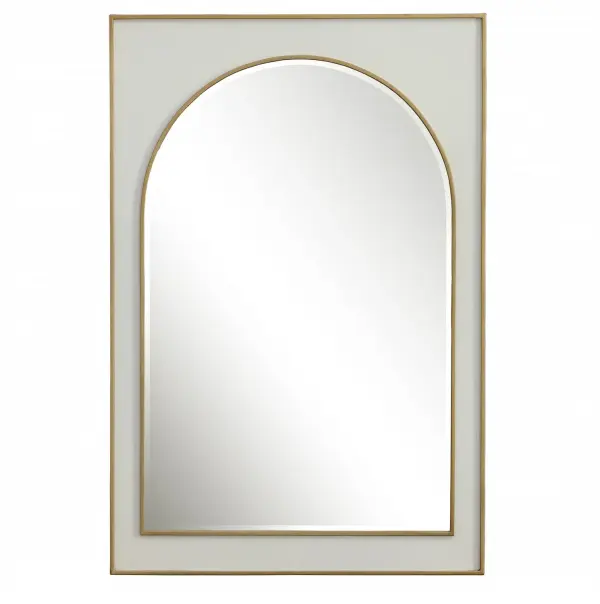 This Iron Mirror Showcases A Gloss White Finish Surrounding The Classic Arch Shape, Accented With Raised Edges Finished In A Lightly Antiqued Gold Leaf. The Mirror Has A 1" Bevel. Collection: Crisanta Designer: David Frisch Finish: Gloss White Width: 25.00" Height: 37.50" Length: 2.00" Weight: 20.00 lb Extension from Wall: 2.00" Material: Mirror, Iron, Mdf Country of Origin: China Safety Rating: Indoor Only