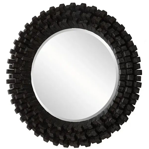 This Round Wood Mirror Has A Contemporary Rustic Flair By Featuring Angled Pillars Of Solid Wood Stacked In Alternating Heights For A Dramatic And Unique Display, Finished In An Ebony Stain With A Subtle Gray Wash. Mirror Has A Generous 1 1/4" Bevel. Collection: Circle Of Piers Designer: Grace Feyock Finish: Ebony Stain Width: 42.13" Height: 42.13" Length: 3.75" Weight: 35.00 lb Extension from Wall: 3.75" Material: Fir, Mirror, Mdf Country of Origin: China Safety Rating: Indoor Only
