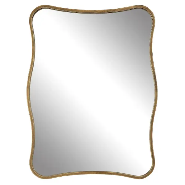 This Curvy Vanity Mirror Features A Shaped Iron Frame Finished In A Heavily Antiqued Gold. May Be Hung Horizontal Or Vertical. Collection: Pavia Designer: David Frisch Finish: Antiqued Gold Width: 27.50" Height: 36.25" Length: 1.50" Weight: 21.00 lb Extension from Wall: 1.50" Material: Iron , Mirror, Mdf Country of Origin: Vietnam Safety Rating: Indoor Only