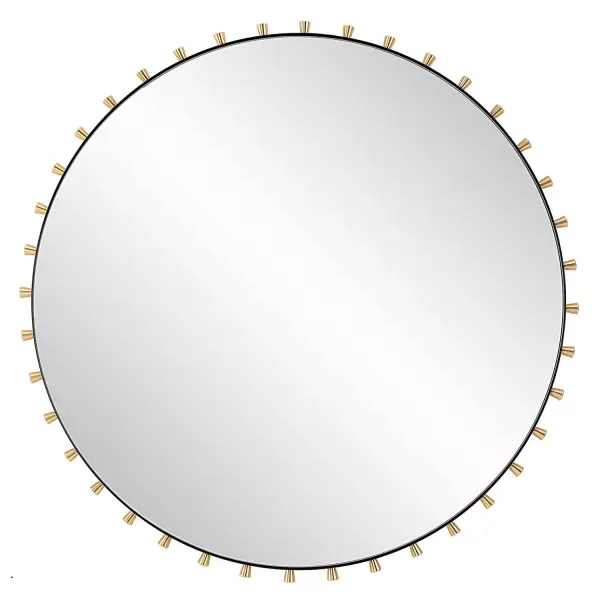 This Modern Round Mirror Features A Iron Frame Finished In Matte Black, Adorned With Brass Plated Tapered Round Pegs Surrounding A Floating Polished Edged Mirror. Collection: Cosmopolitan Designer: Grace Feyock Finish: Matte Black Width: 37.38" Height: 37.38" Length: 1.75" Weight: 27.00 lb Extension from Wall: 1.75" Material: Iron, Mirror, Mdf, Aluminum Alloy Country of Origin: China Safety Rating: Indoor Only