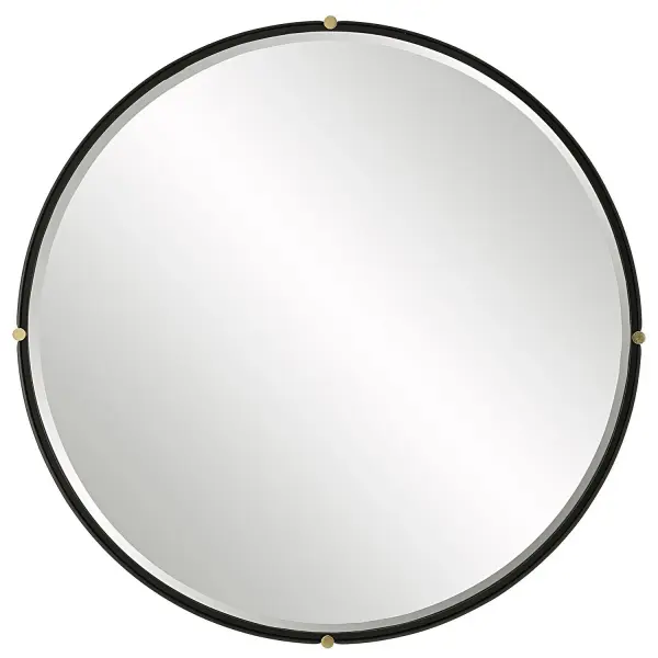 This Large Round Mirror Showcases A Strap Style Iron Frame Finished In A Sleek Matte Black With Soft Curved Ends That Encompass Antique Gold Column Medallions. The Floating Style Mirror Has A Generous 1 1/4" Bevel. Collection: Bonded Designer: Grace Feyock Finish: Matte Black Width: 48.88" Height: 48.88" Length: 2.38" Weight: 39.00 lb Extension from Wall: 2.38" Material: Iron, Mirror, Mdf, Pine Country of Origin: China Safety Rating: Indoor Only