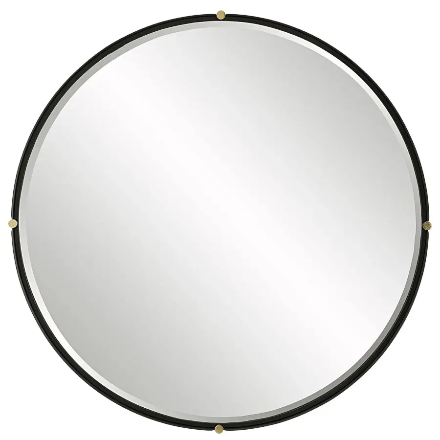 Bonded Round Mirror in Matte Black with Antique Gold Medallions
