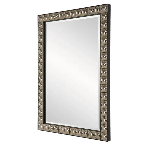 This Unique Vanity Mirror Features Repeated Ceramic Tiles With Convexed Centers Finished In An Antiqued Silver-champagne Plating, Encased In A Black Iron Inner And Outer Frame. Mirror Has A Generous 1 1/4" Bevel. Collection: Silvio Designer: Grace Feyock Finish: Antiqued Silver-champagne Plating Width: 23.13" Height: 32.75" Length: 1.63" Weight: 22.00 lb Extension from Wall: 1.63" Material: Iron, Ceramic, Mirror, Mdf Country of Origin: China Safety Rating: Indoor Only