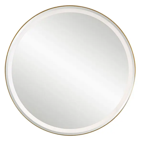 Versatile In Design, This Round Mirror Has Integrated LED Lighting That Illuminates Through The Frosted Strip In The Polished Edged Mirror. The Plated Brushed Brass Stainless Steel Frame Is Off Set From The Wall To Allow Ambient Lighting From The Back. Easy To Use Touch Buttons Are Featured On The Bottom Right Of The Mirror With An On Off Function, Touch And Hold Kelvin Control From 2700k To 4000k, And Touch And Hold Brightness Control. LED Lights Rated At 40,000 Hours. Ships With Plug, But Can Be Hardwired Professionally. Touch Screen Icons Continue To Illuminate When Powered Off For Easy Navigation In Dark Settings. Collection: Crofton Finish: Brushed Brass Width: 32.00" Height: 32.00" Length: 2.13" Weight: 27.60 lb Extension from Wall: 2.13" Bulb Type: LED Material: Stainless Steel, Metal, Mirror Country of Origin: China Safety Rating: Indoor Only