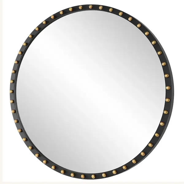 This Oversized Round Mirror Is Made From Solid Beech Wood Finished In A Matte Black, Adorned With Lightly Distressed Gold Leaf Wood Ball Details. Collection: Sele Designer: Grace Feyock Finish: Matte Black Width: 50.38" Height: 50.38" Length: 2.50" Weight: 52.00 lb Extension from Wall: 2.50" Material: Mirror, Mdf, Beech Country of Origin: China Safety Rating: Indoor Only