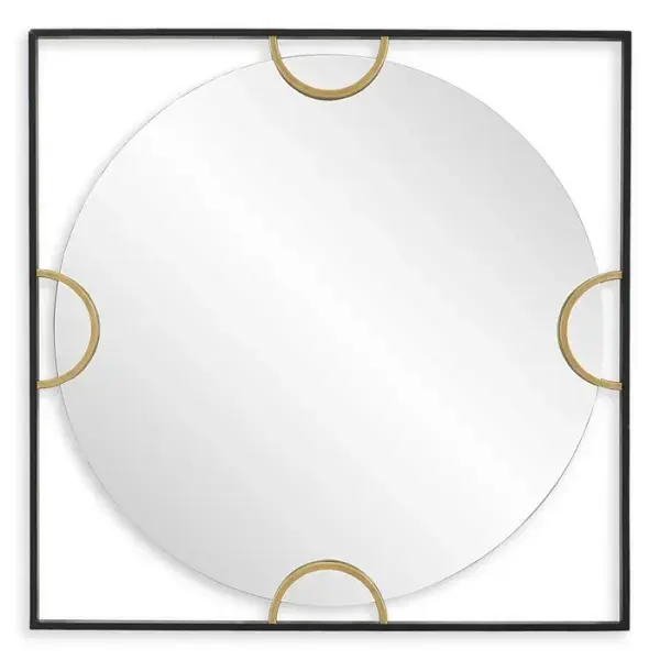 A Square Iron Frame Finished In Satin Black Surrounds A Suspended, Round Polished Edged Mirror, Held With Antique Gold Half Round Iron Bands. Collection: Hinson Designer: David Frisch Finish: Satin Black Width: 39.00" Height: 39.00" Length: 1.50" Weight: 31.00 lb Extension from Wall: 1.50" Material: Iron, Mirror Country of Origin: China Safety Rating: Indoor Only